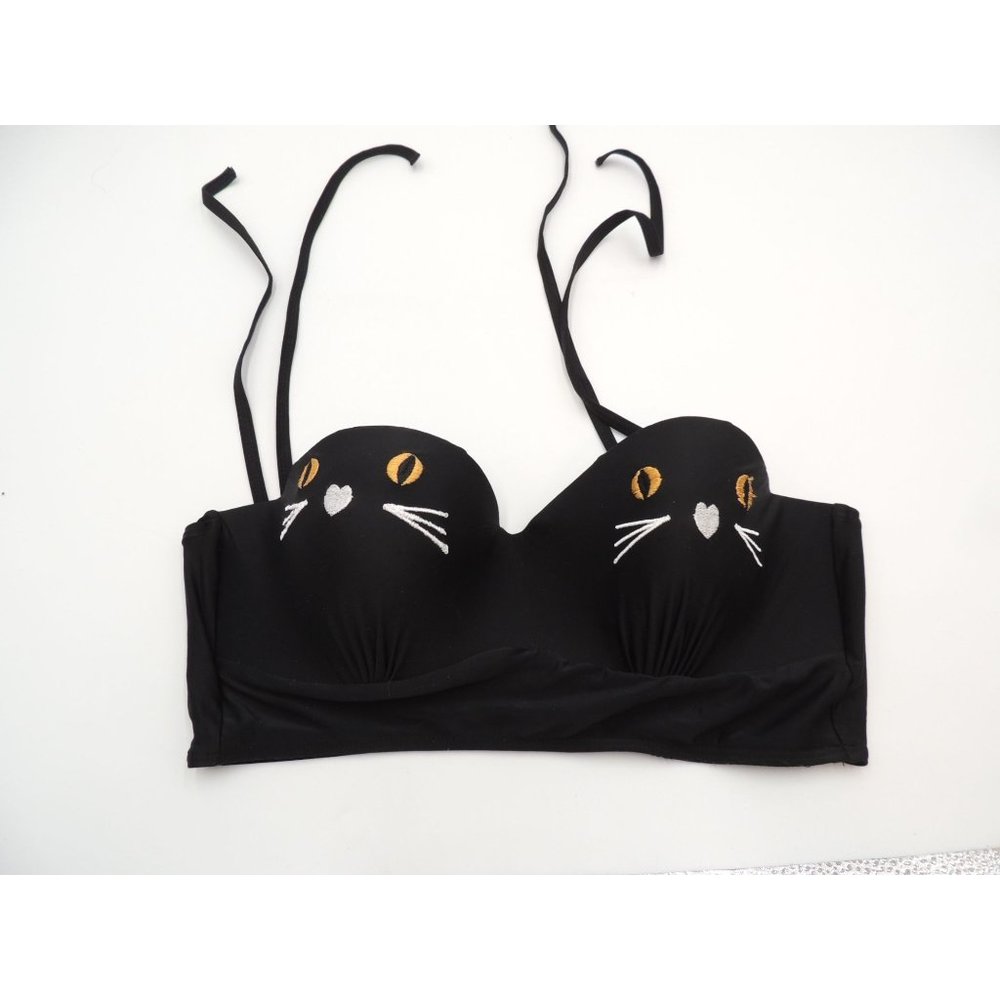 Black Cat Bustier Cropped Swim Top Size 30C/D